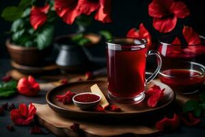 AI generated red hibiscus tea on a dark background photo