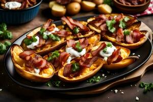 AI generated baked potatoes with bacon and sour cream photo