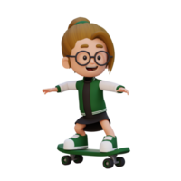 3d niña personaje paseo patineta png