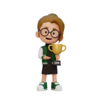 3D girl character celebrating win holding a trophy png