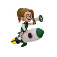 3d menina personagem equitação uma foguete e segurando megafone png