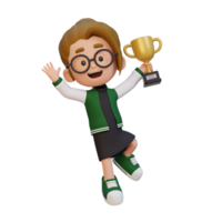 3D girl character celebrating win holding a trophy png