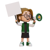 3D girl character holding a blank placard png