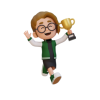 3D girl character celebrating win holding a trophy png