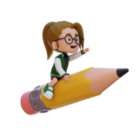 3D girl character riding a pencil and pointing hand png