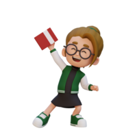 3D happy girl character holding book png