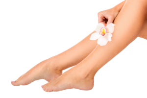 Beautiful female legs with orchid flower, isolated, close-up png