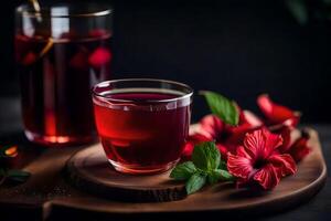 AI generated red tea with hibiscus flowers on a wooden board photo