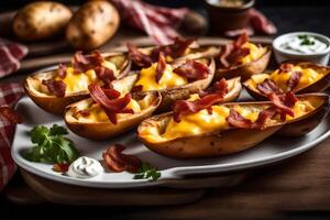 AI generated baked potatoes with bacon and cheese on a plate photo