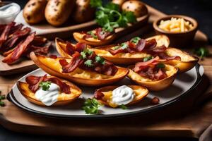 AI generated baked potatoes with bacon and sour cream photo