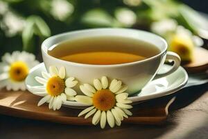 ai generado un taza de té con manzanilla flores en un de madera mesa foto
