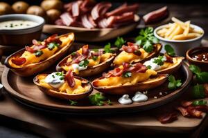 AI generated baked potatoes with bacon and cheese on a wooden board photo