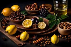 AI generated lemon, nuts, and spices on a table photo