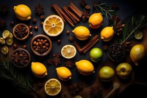 AI generated lemon, cinnamon, anise, cinnamon sticks, cloves, and other spices photo