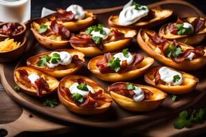 AI generated bacon and cheese stuffed potato skins on a wooden cutting board photo