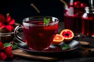 AI generated a cup of tea with red berries and spices photo