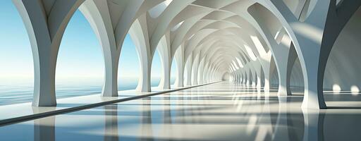 AI generated Modern Minimalist White Corridor with Curved Architecture and Light photo