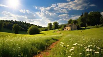 AI generated Idyllic Countryside Amidst Lush Green Fields Under Blue Sky photo