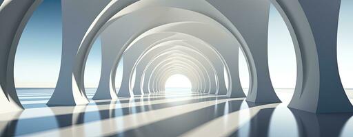 AI generated Modern Minimalist White Corridor with Curved Architecture and Light photo