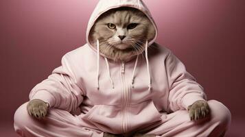ai generado gato en yoga actitud vistiendo capucha practicando atención plena foto