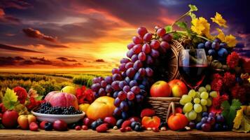 AI generated Autumn Harvest Celebration with Wine and Fresh Fruits at Sunset. photo