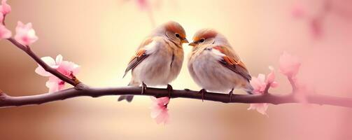 ai generado dos pequeño aves en el rama en un jardín foto