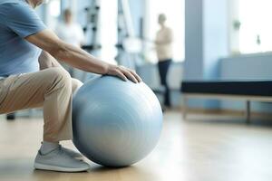 AI generated Caucasian senior doing exercise with a swiss ball at a gym photo