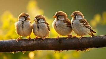 AI generated Flock of tree sparrows on the branch in a garden photo