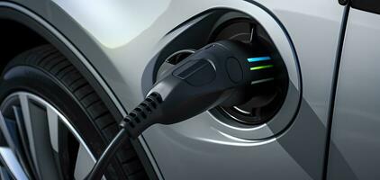 AI generated EV charging station for silver electric car in concept of green energy and eco power photo