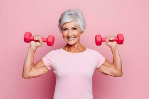 AI generated Senior Caucasian woman doing exercise with dumbbell photo