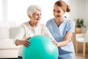 AI generated Senior Caucasian woman exercising with her physiotherapist and swiss ball photo