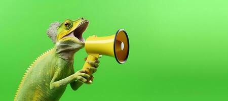 ai generado camaleón anunciando utilizando megáfono. notificando, advertencia, anuncio. foto