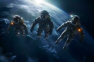 AI generated Three spacemen or astronauts floating on background of the earth photo
