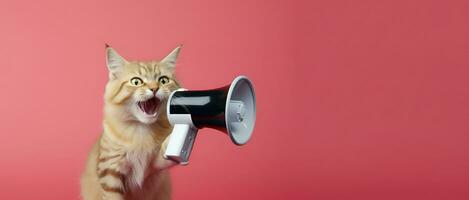 ai generado gato anunciando utilizando megáfono. notificando, advertencia, anuncio. foto