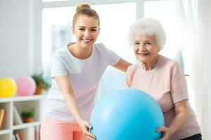 AI generated Senior Caucasian woman exercising with her physiotherapist and swiss ball photo