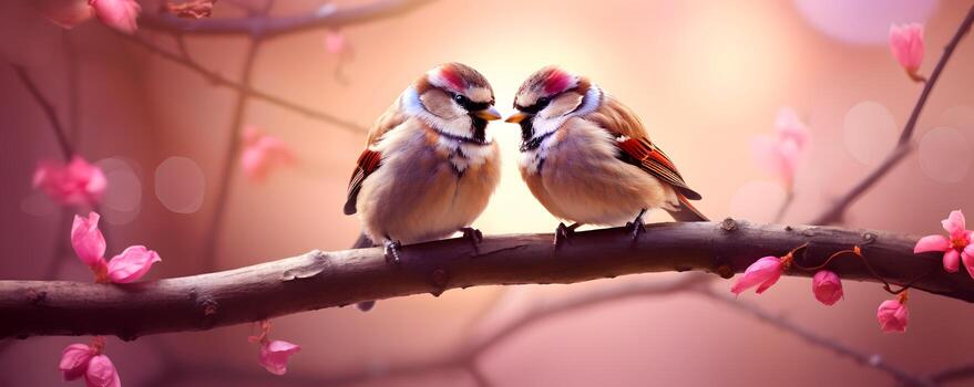 AI generated Two small birds on the branch in a garden photo