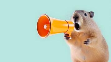 AI generated Big rodent announcing using hand speaker. Notifying, warning, announcement. photo