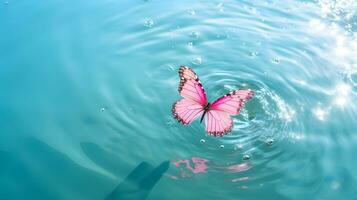 AI generated Pink colored butterfly on surface of water. Concept of butterfly effect. photo