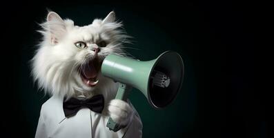 ai generado gato anunciando utilizando mano vocero. notificando, advertencia, anuncio. foto