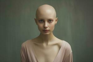 ai generado retrato de caucásico calvo chica, alopecia y cáncer conciencia foto