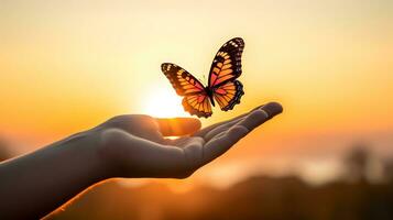 AI generated Butterfly on the hand of a woman during sunset photo