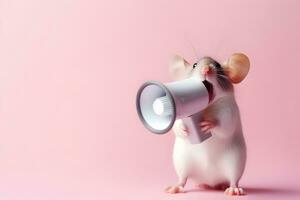 AI generated Mouse announcing using hand speaker. Notifying, warning, announcement. photo