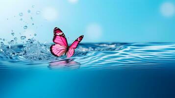 AI generated Pink butterfly on surface of water with splashes. Concept of butterfly effect. photo