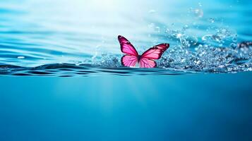 AI generated Pink butterfly on surface of water with splashes. Concept of butterfly effect. photo