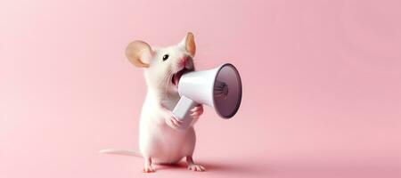 AI generated Mouse announcing using hand speaker. Notifying, warning, announcement. photo