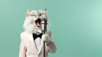 AI generated Stylish cat singing with microphone isolated on green background photo