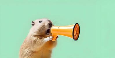 AI generated Big rodent announcing using hand speaker. Notifying, warning, announcement. photo