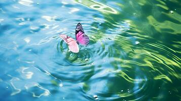 AI generated Pink colored butterfly on surface of water. Concept of butterfly effect. photo