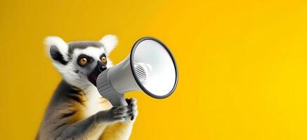 AI generated Lemur animal announcing using hand speaker. Notifying, warning, announcement photo