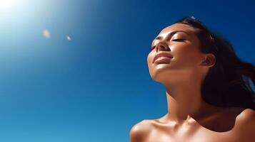 AI generated Beautiful caucasian woman with healthy perfect face skin enjoying sunbathing photo